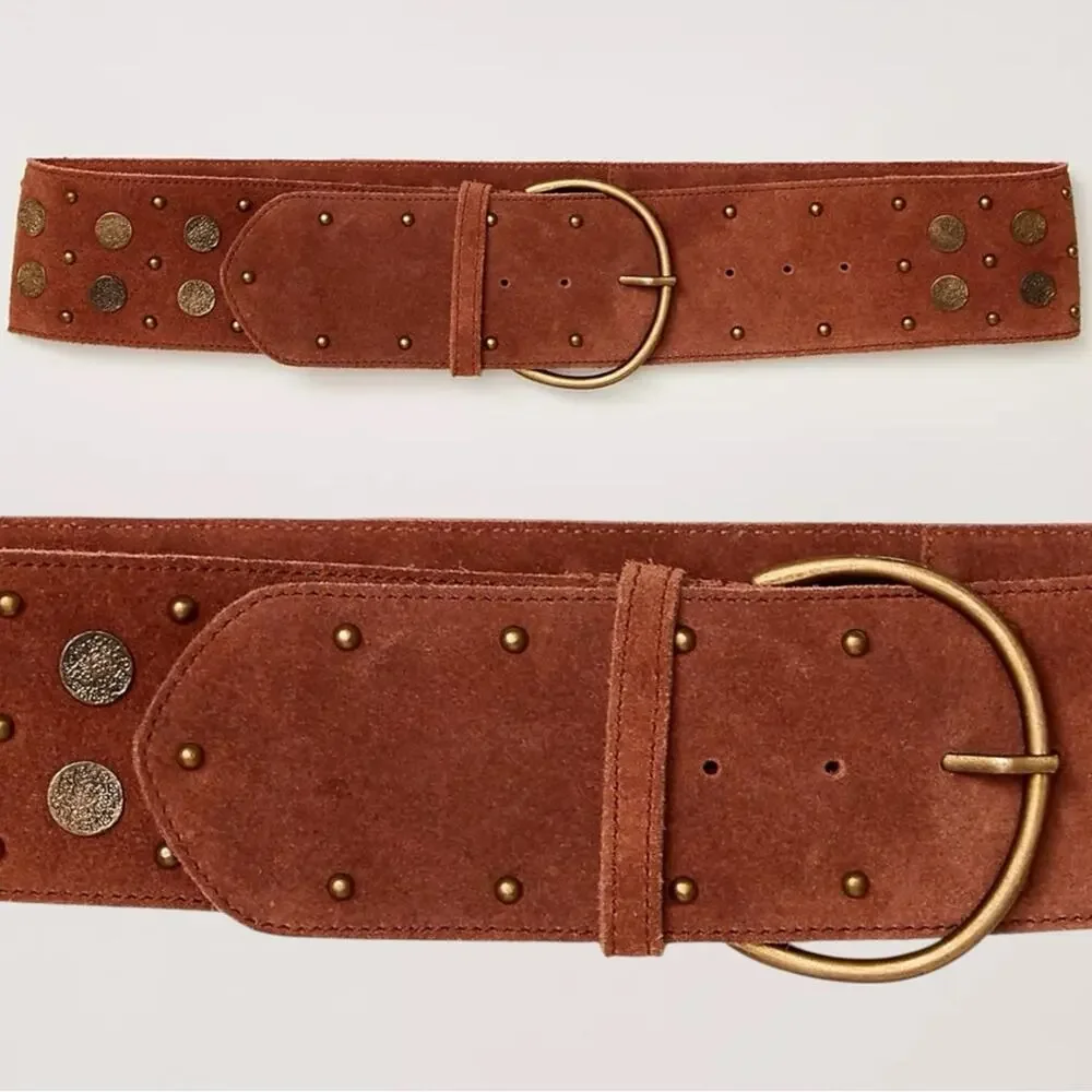 Free People Bohemian Brown Leather Suede Studded Honeydew Hip Belt Medium Large